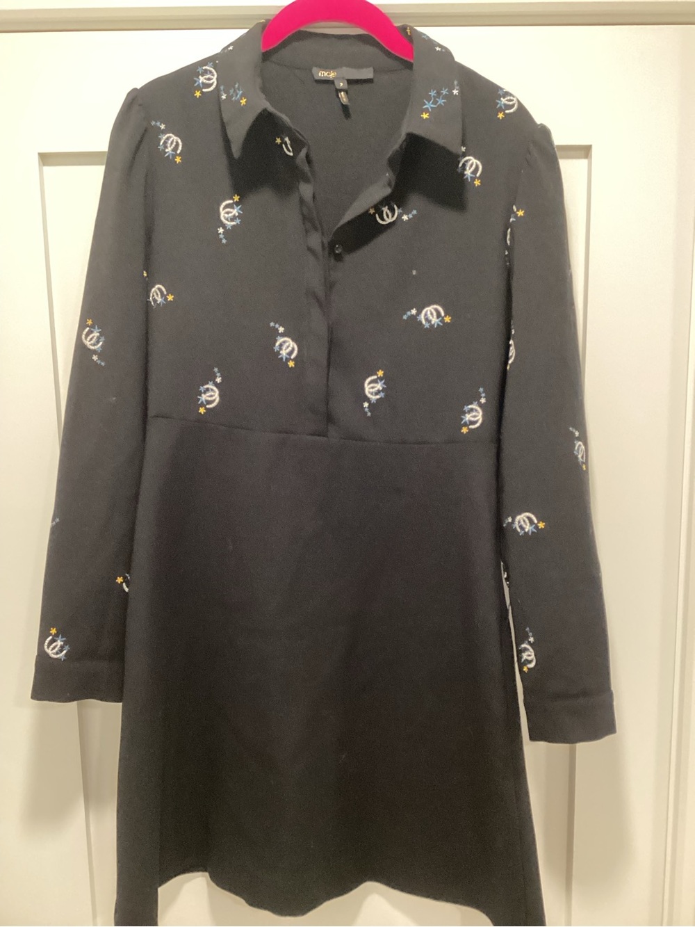 Maje Black Long-Sleeve Collared Dress with Embroidered Stars